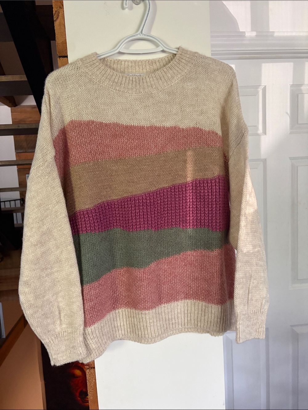 Crewneck Striped Knit Sweater in Beige, Pink and Green